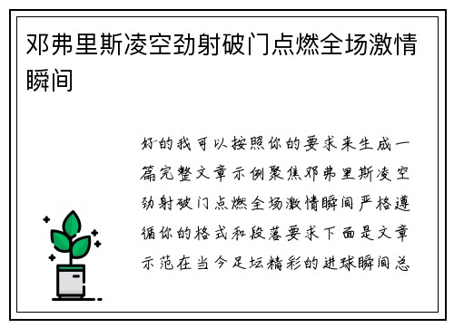 邓弗里斯凌空劲射破门点燃全场激情瞬间